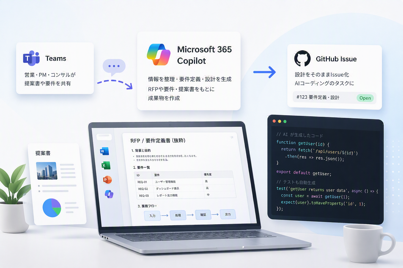 RFPから提案・要件定義・設計・GitHub Issue・GitHub Copilotによる実装までの一気通貫フロー